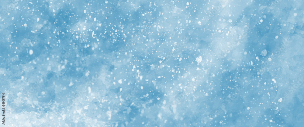 Christmas vector blue art background with white snowflakes for cards, flyers, poster, banner. Snowfall. Sky, clouds. Holiday winter illustration. Merry Christmas! Happy New Year!