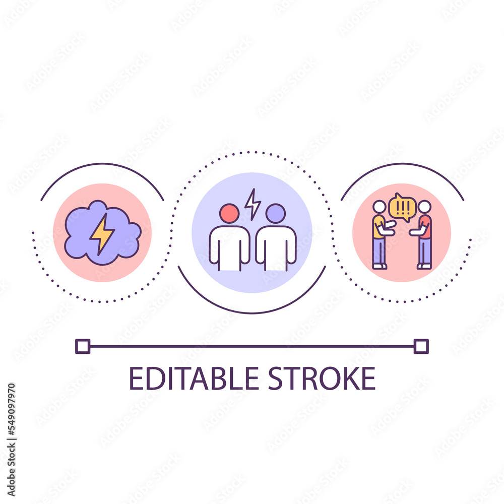 Interpersonal conflict loop concept icon. Friends quarrel. Aggressive argument. Hostility abstract idea thin line illustration. Isolated outline drawing. Editable stroke. Arial font used Interpersonal conflict loop concept icon. Friends quarrel. Aggressive argument. Hostility abstract idea thin line illustration. Isolated outline drawing. Editable stroke. Arial font used