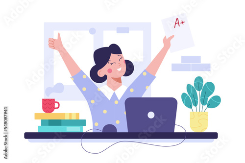 Concept of knowledge and education. Student girl happy with an excellent mark.