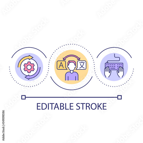 Freelance translator job loop concept icon. Remote workplace. Distance work. Multiple languages abstract idea thin line illustration. Isolated outline drawing. Editable stroke. Arial font used