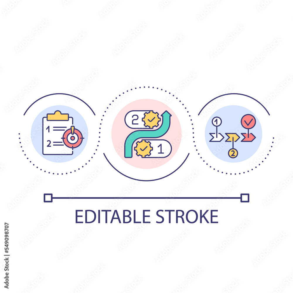 Improve strategy loop concept icon. Check problems. Develop workflow process. Optimization abstract idea thin line illustration. Isolated outline drawing. Editable stroke. Arial font used
