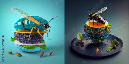 Food of the future. Food made from insects. High cuisine. Restaurant food  food from insects. Surrealism. Colorful flowers. edible insects  our future  restaurant menu  bee  collection  menu 