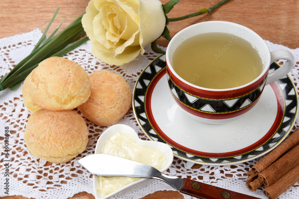 cup of lemongrass green tea with cheese bread breakfast cup of lemongrass green tea with cheese bread breakfast