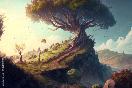 Surreal giant tree on top of a hill  detailed  path up the hill  vast landscape