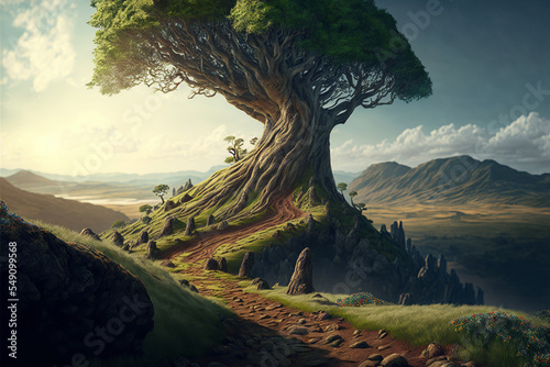 Surreal giant tree on top of a hill, detailed, path up the hill, vast landscape