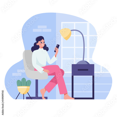 A woman is sitting on a chair with a phone in her hands on the background of room interior. Flat vector illustration.