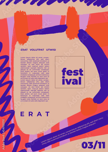 Template with abstract elements and typography. Background image for cover, banner, poster, festival. Colorful brush strokes, stains. Simple childish sketch with different spots