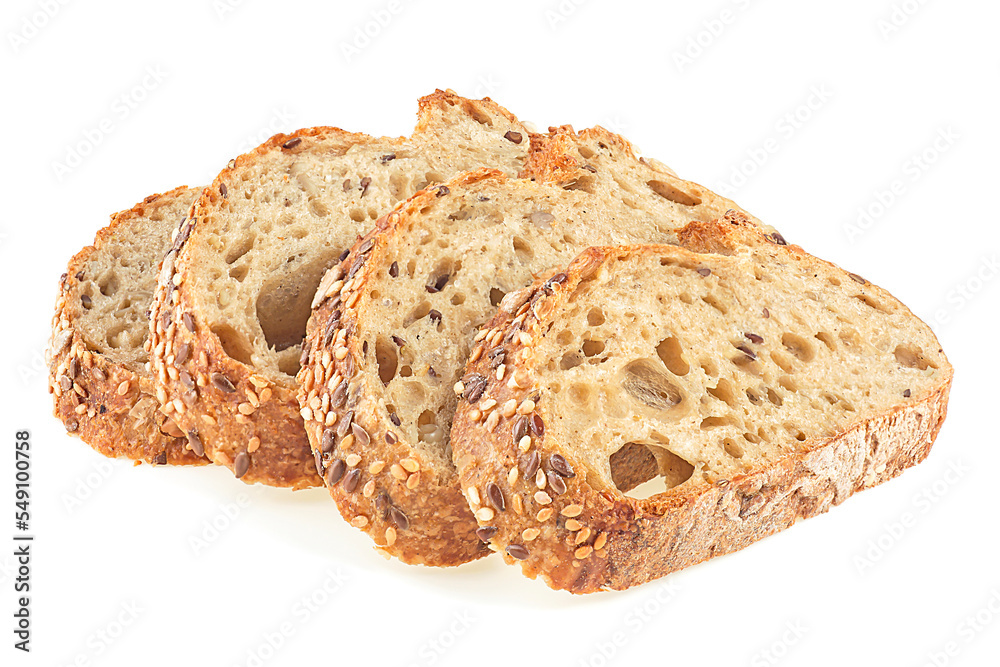 Whole grain bread sliced isolated on a white background. Multi grain bread.