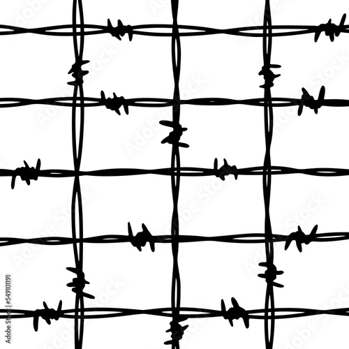 Barbwire cage fence background. Hand drawn vector illustration in sketch style. Design element for military, security, prison, slavery concepts