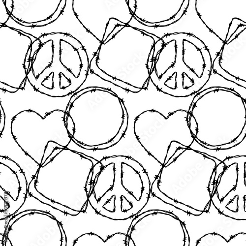 Barbwire seamless pattern with hearts and peace sign. Hand drawn vector illustration in sketch style. Background for military, security, prison, slavery concepts