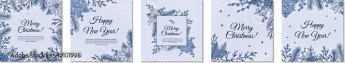 Set of Merry Christmas and happy New year blue greeting cards. Festive background with hand drawn winter plants. Vintage design in sketch style. Space for text