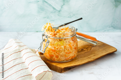 Fresh fermented vegetables, fermented cabbage with carrots, healthy natural probiotics, healthy nutrition, sauerkraut