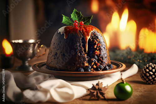 Delicious traditional Christmas pudding on a rustic table surrounded by drinks, decorations and candle light. photo