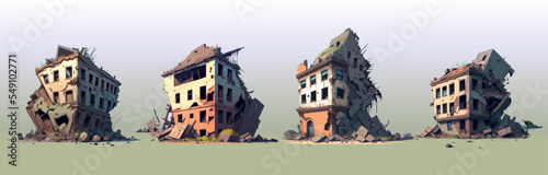 Set of cartoon ruined abandoned houses and car. Destroyed city buildings after earthquake or war destruction. Damaged town with old broken dilapidated dwelling after explosion or natural disaster.