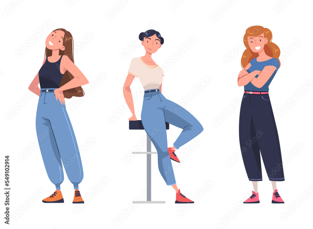 Young Smiling Woman in Standing and Sitting Pose with Satisfied Face Expression Vector Set Young Smiling Woman in Standing and Sitting Pose with Satisfied Face Expression Vector Set