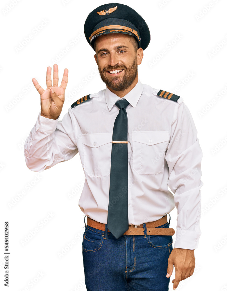 Handsome man with beard wearing airplane pilot uniform showing and pointing up with fingers number four while smiling confident and happy. Handsome man with beard wearing airplane pilot uniform showing and pointing up with fingers number four while smiling confident and happy.