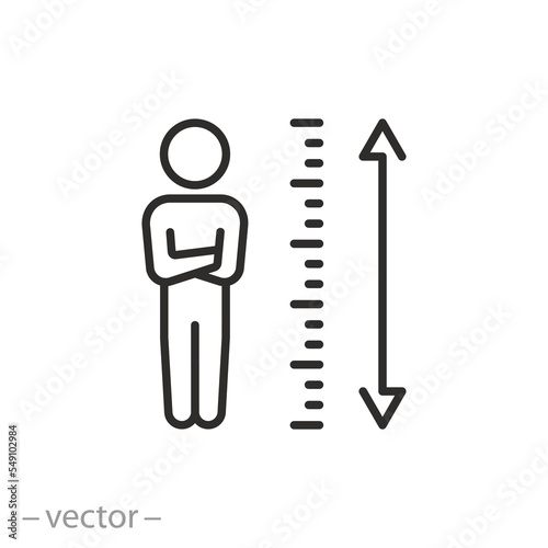 human measures height icon, scale with man, thin line symbol on white background - editable stroke vector illustration