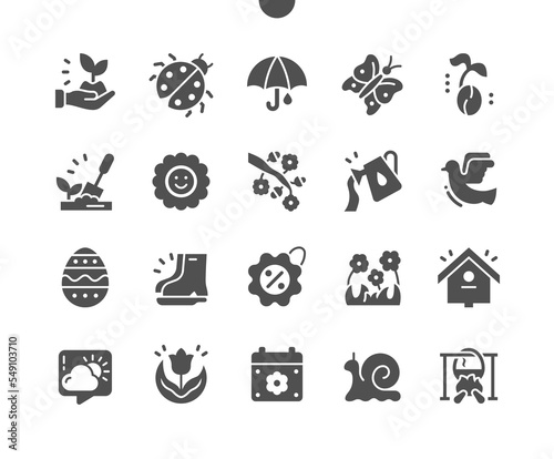 Spring. Nature, umbrella, butterfly, birdhouse, tulip and other. Spring mood. Vector Solid Icons. Simple Pictogram