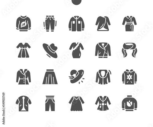 Spring clothes. Sweater  jeans  shirt  coat  cloak  dress  hat. Seasonal clothing. Vector Solid Icons. Simple Pictogram