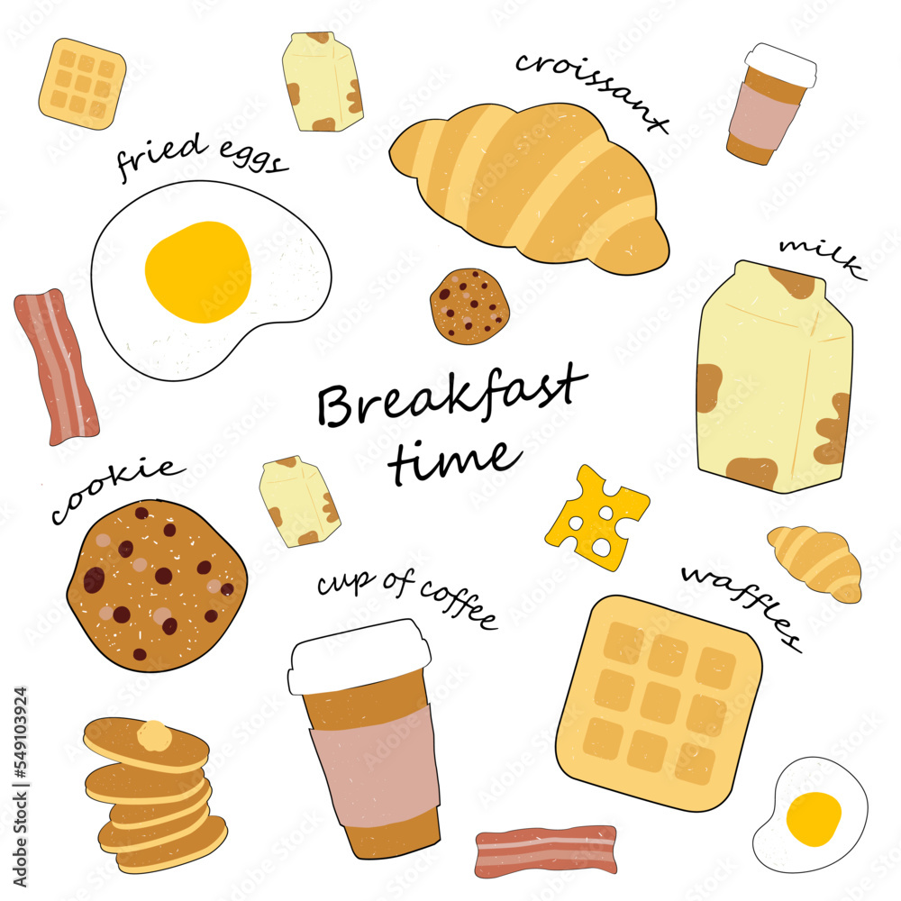 Vector hand drawn breakfast set. Food elements: waffle, croissant ...