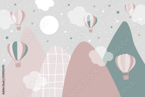 Vector hand drawn childish wallpaper with mountains, balloons and clouds. Modern 3D wallpaper for the children's room. Doodle style.  © YUSI_DESIGN