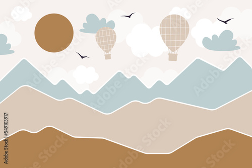 Vector hand drawn modern design of kids mountains. Mountains in doodle style. For children's wallpapers. Mountains, clouds, air balloon, sun and birds.	