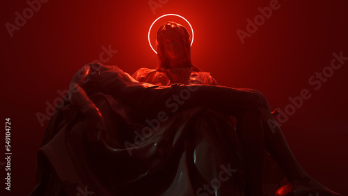 Mourning for Christ, Michelangelo's Vatican Pieta sculpture with a neon halo, postmodernism, modern style of classical art. 3d visualization photo