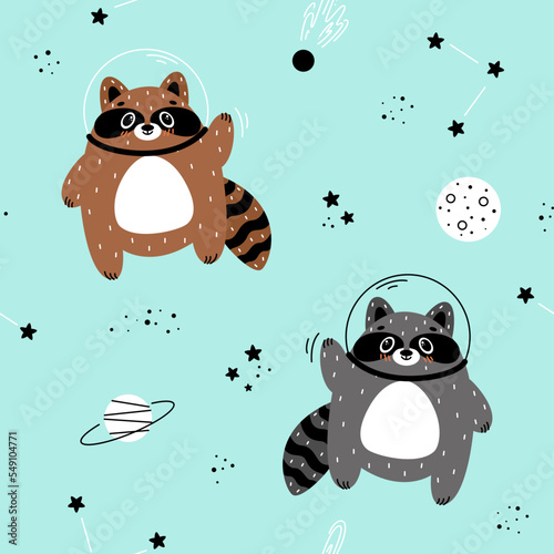 Принти на полотні Seamless pattern with a raccoon in space, Astronaut raccoon, raccoon flying in s