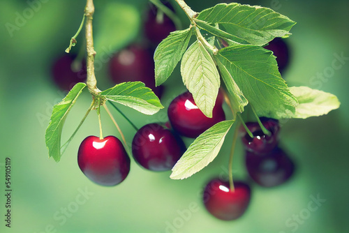 Fotografering Closeup of ripe cherries on cherry tree