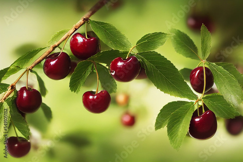 Fotobehang Closeup of ripe cherries on cherry tree