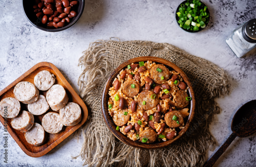 Kidney beans tomato paste sausage rice stew in a bowl Kidney beans tomato paste sausage rice stew in a bowl