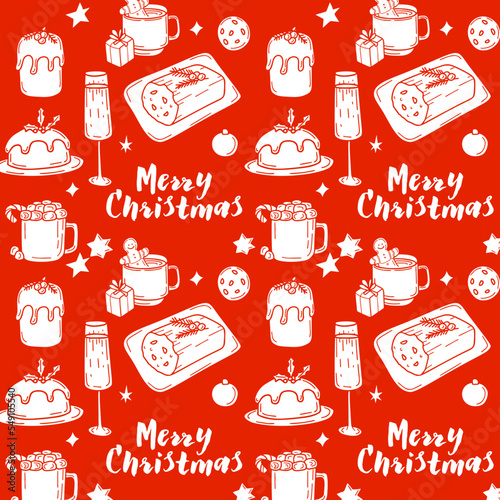 Seamless pattern with traditional Christmas food and drink in doodle style on a red background