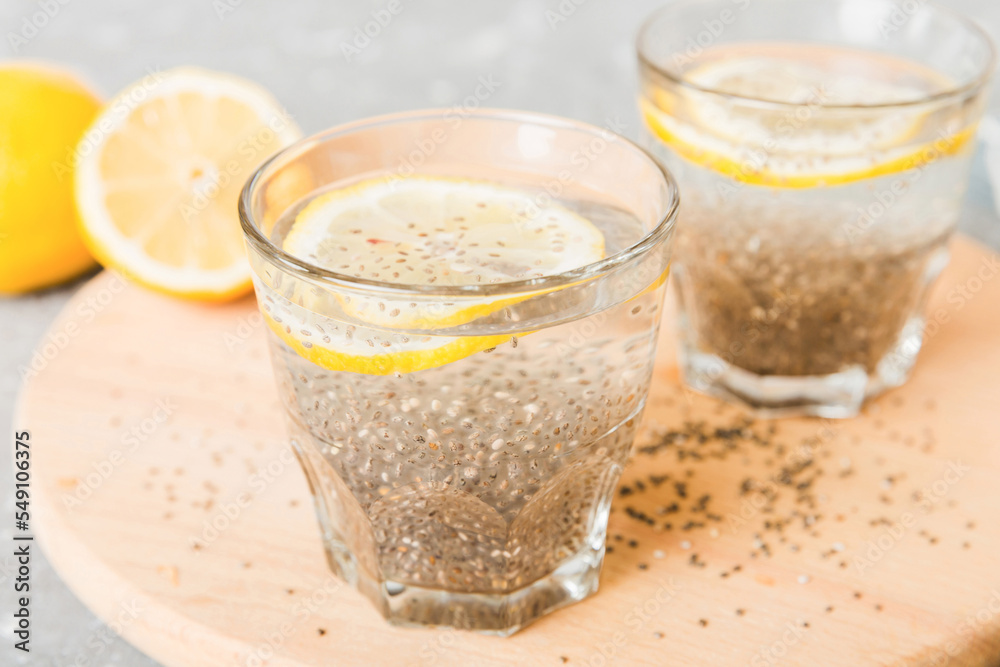 Healthy breakfast or morning with chia seeds and lemon on table background, vegetarian food, diet and health concept. Chia pudding with lemon Healthy breakfast or morning with chia seeds and lemon on table background, vegetarian food, diet and health concept. Chia pudding with lemon