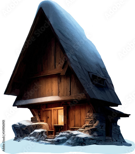 Small wooden house in the snow. Vector illustration.