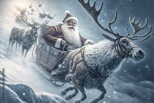 Surrealer Weihnachtsmann mit Rentieren und Schlitten fliegt zur Bescherung Abstrakt Illustration AI Digital Art Humor Cartoon Backdrop Hintergrund Karte Card