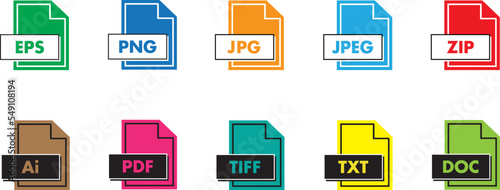 Vector illustration of a set of different document file formats on a white background