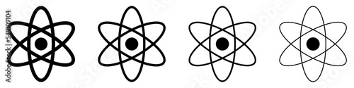 Atom icon in flat design. Set of black symbols of molecule or atom. Vector illustration. Education concept