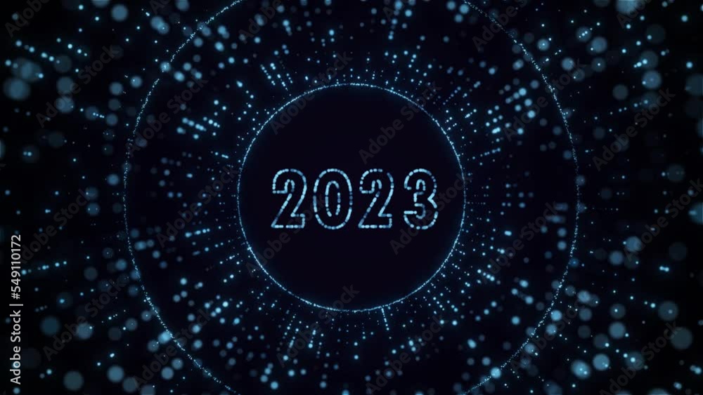 Animation of 2023 text in blue neon circles of particle
Animation of 2023 text in blue neon circles of particle