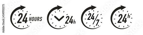 24 hours timer vector symbol black color style isolated on white background. Clock, stopwatch, cooking time label. 10 eps