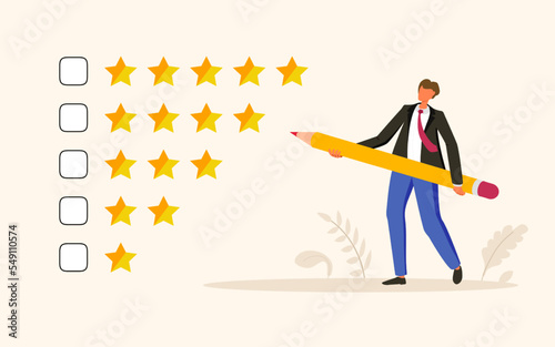 Rating stars gold. Man marks the rating with a pencil for feedback, satisfaction level, review and evaluation of service, client comment concept, consumer experience. 10 eps