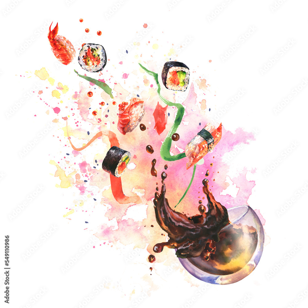 Obraz premium Watercolor composition with sushi, splash sause, ingredient for sushi on colorfool watrcolor background.