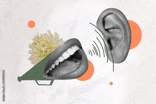 Composite collage picture of human mouth speak tell ear listen hear black white gamma isolated on creative background photo