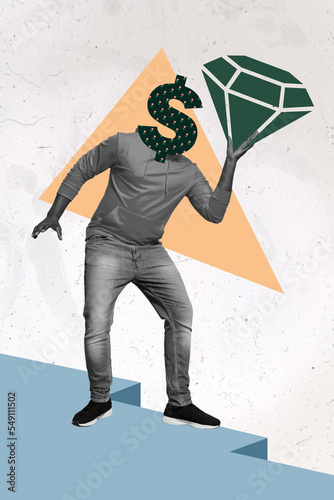 Fotografie Vertical collage picture of black white effect guy dollar symbol instead head ar