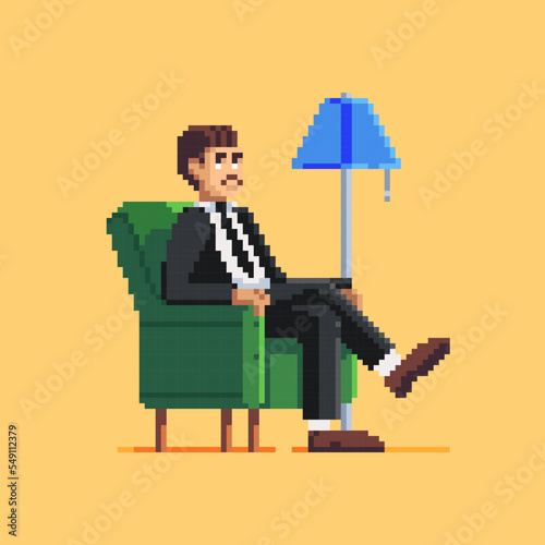 An elegant man in a black suit sits in a chair. Pixel art style. Vector illustration