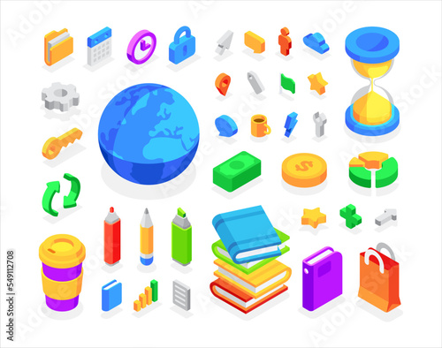 Set of icons. Collection of colorful objects. Flat, 3d, vector, isometric, cartoon style illustration isolated on white background