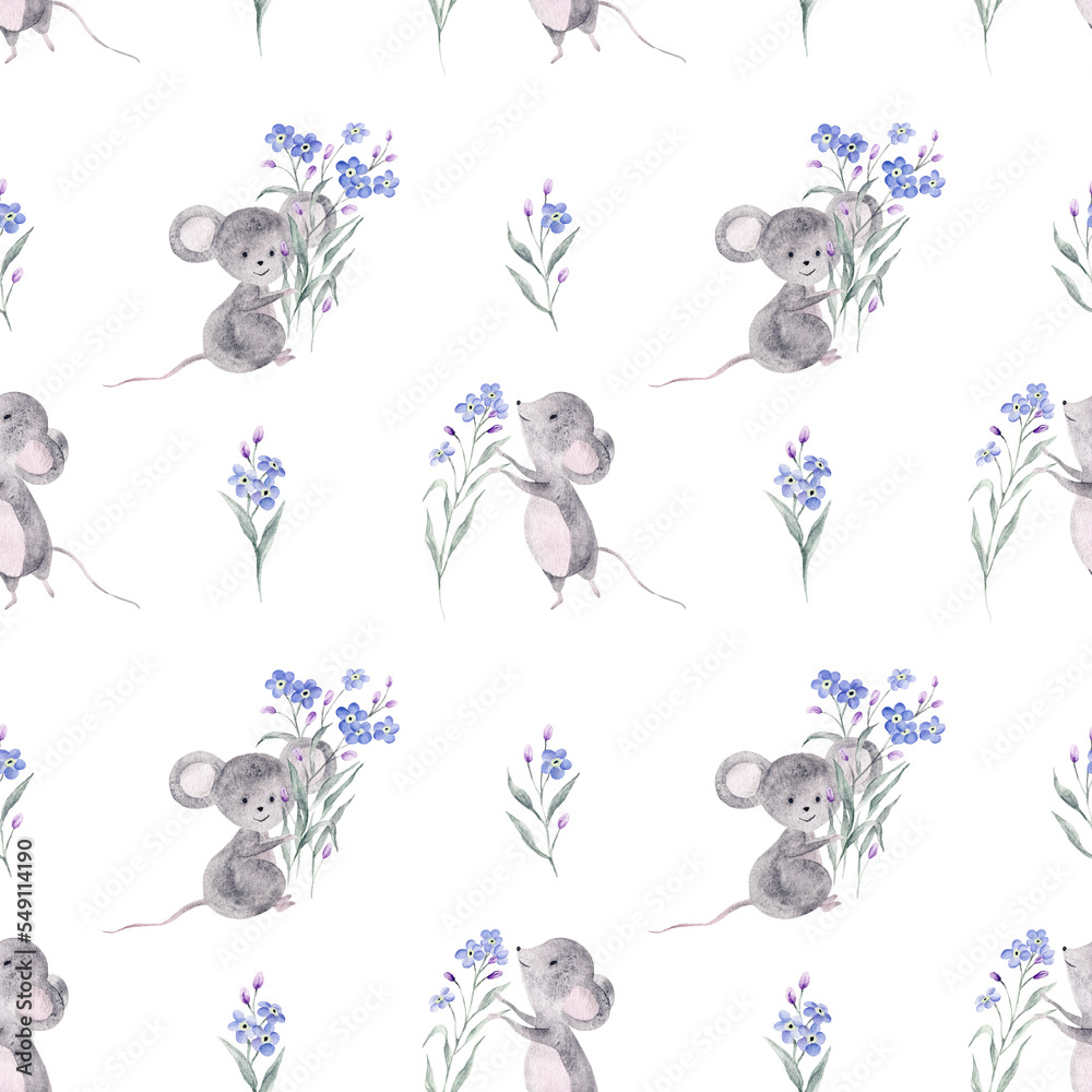 Fototapeta premium Cartoon mice watercolor illustration with forget me not. Сute move. Watercolor seamless pattern