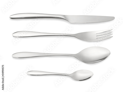 Cutlery set on white. Knife, fork, spoon and tea spoon. Png isolated with transperancy photo