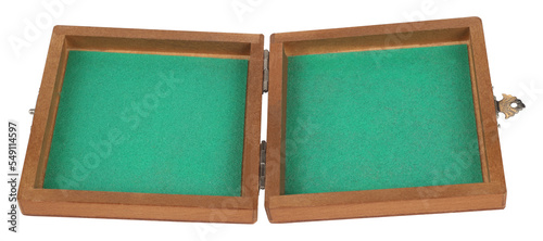 Simple wooden box with green textile cloth choya lid wide open isolated on white background. Empty vintage container concept photo
