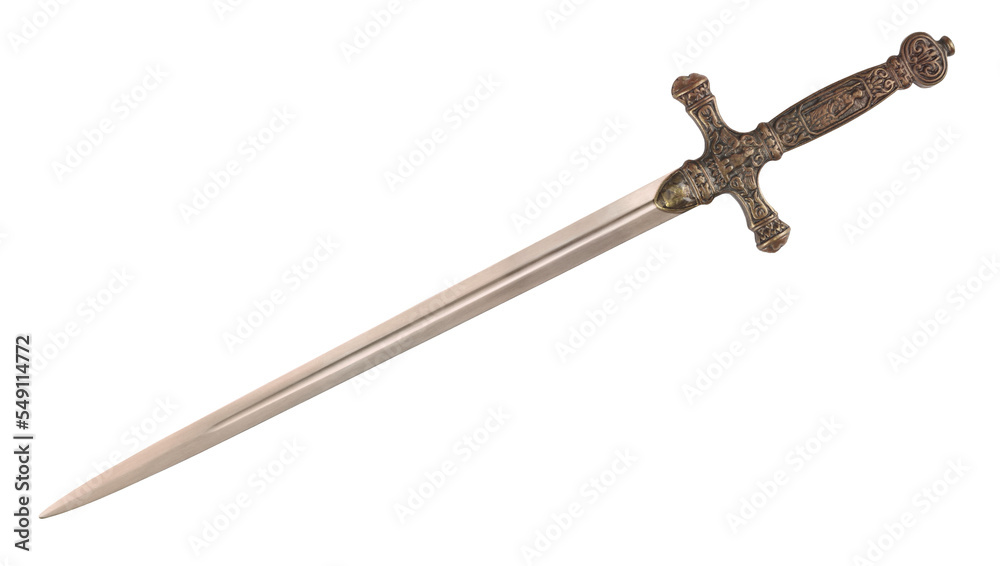 Old sword medieval weapon blade knight equipment with ornate handle  isolated on white background Stock Photo