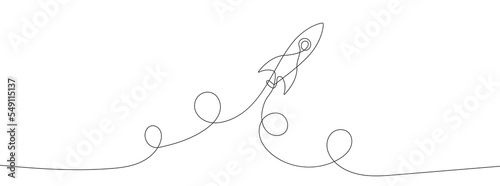 One continuous line drawing of spacecraft. Vector illustration. Rocket space ship launch. Spacecraft one line background.